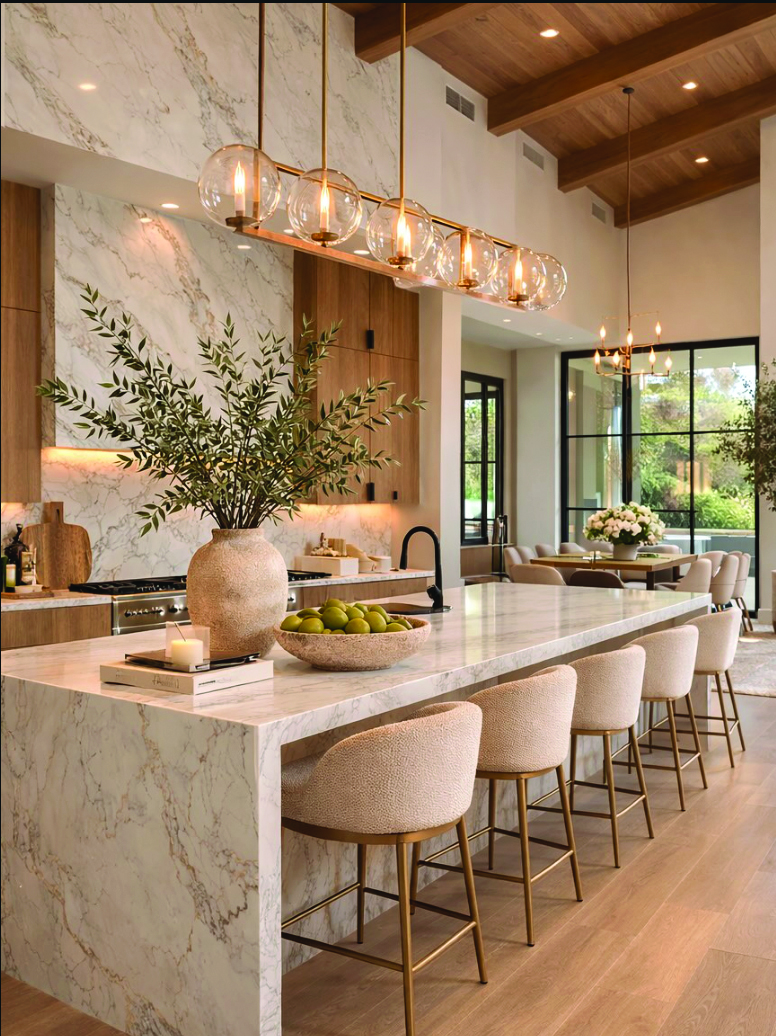 Bright modern kitchen with marble island, brass pendants, and boucle stools