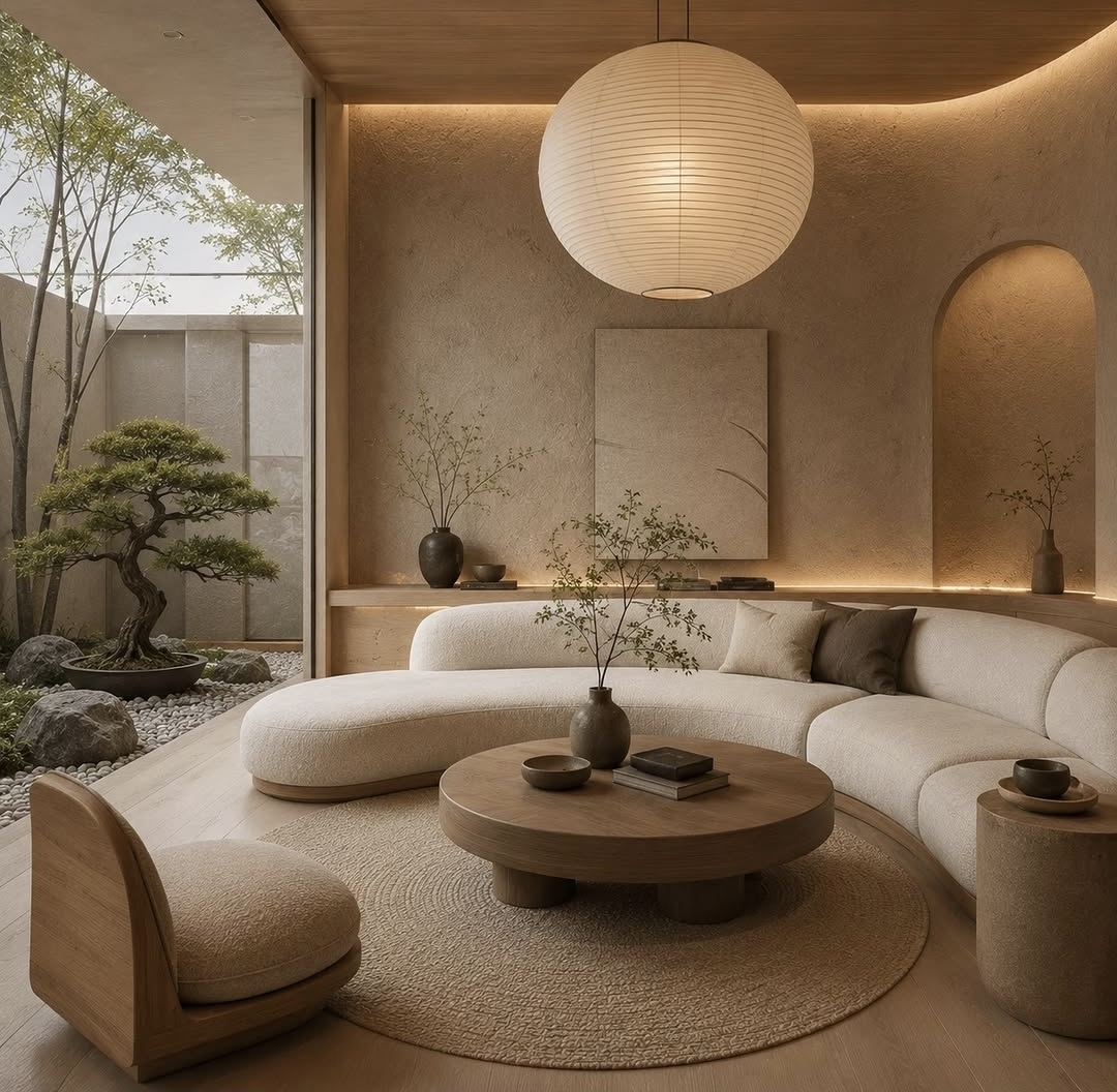 Serene minimalist living room with paper lantern, bonsai, and curved sofa